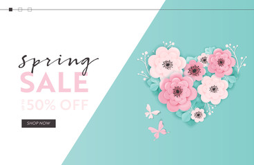 Spring Sale Website Template with Paper Cut Flowers. Spring Discount Offer Web Banner for Online Shopping with Floral Elements for Landing Page, Flyer, Brochure. Vector illustration