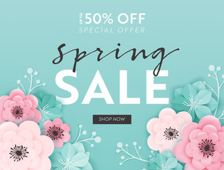 Spring Sale Banner Background with Paper Cut Flowers. Spring Discount Voucher Template, Brochure, Poster, Advertising Promotion. Vector illustration