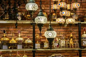Traditional bright decorative hanging Turkish lamps and colourful lights with vivid colours  in the Istanbul Bazaar, Turkey