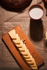 Slices of cheese on wooden desk near butter and milk. place for text