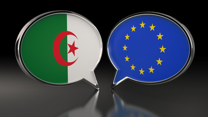 Algeria and European Union flags with Speech Bubbles. 3D Illustration