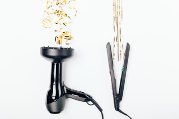 Creative concept of comparing styling of curly and straight hair