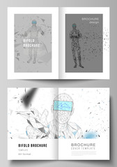 The vector layout of two A4 format cover mockups design templates for bifold brochure, magazine, flyer, booklet, report. Man with glasses of virtual reality. Abstract vr, future technology concept.
