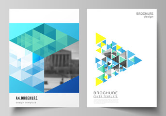 The vector layout of A4 format modern cover mockups design templates for brochure, magazine, flyer, booklet, annual report. Blue color polygonal background with triangles, colorful mosaic pattern.