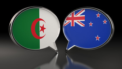 Algeria and New Zealand flags with Speech Bubbles. 3D Illustration