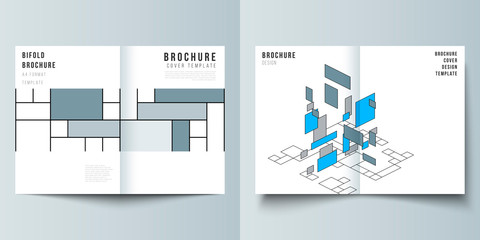 The vector layout of two A4 format modern cover mockups design templates for bifold brochure, flyer, booklet. Abstract polygonal background, colorful mosaic pattern, retro bauhaus de stijl design.