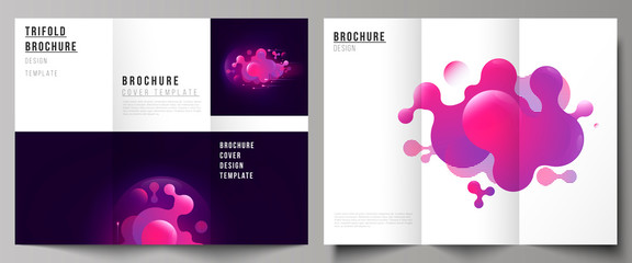 The minimal vector illustration of editable layouts. Modern creative covers design templates for trifold brochure or flyer. Black background with fluid gradient, liquid pink colored geometric element.