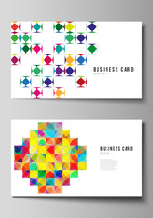 The minimalistic abstract vector illustration of editable layout of two creative business cards design templates. Abstract background, geometric mosaic pattern with bright circles, geometric shapes.