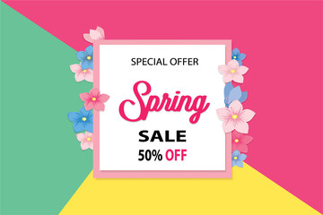 Spring sale background with beautiful colorful flower. Vector illustration.banners.Wallpaper.flyers, invitation, posters, brochure, voucher discount.
