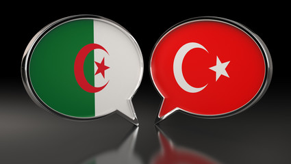 Algeria and Turkey flags with Speech Bubbles. 3D Illustration