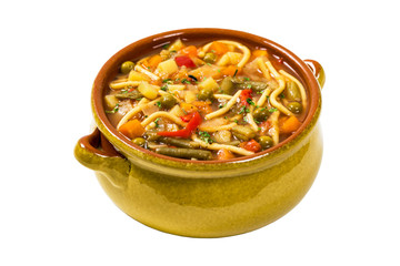 Vegetarian Vegetable Soup Isolated on a white background. Selective focus.