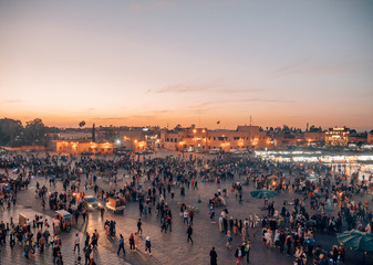 Djemaa el Fna in Marrakech, Morocco while sunset