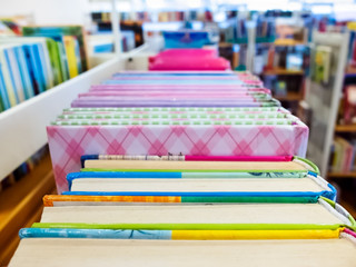 A lot of colorful children's books standing on the public library shelf.