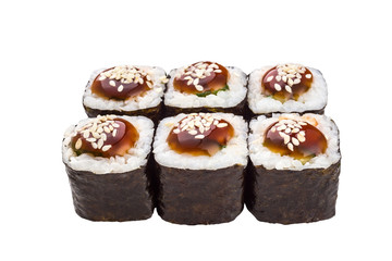 Classical roll sushi with salmon and avocado seasoned teriyaki isolated on white background for menu. Japanese food