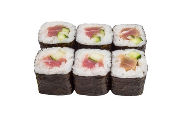 Classical roll sushi with tuna and cucumber isolated on white background for menu. Japanese food