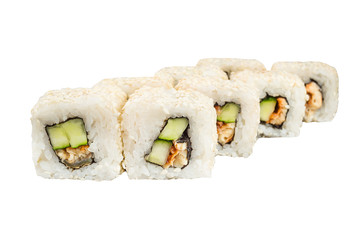Classical roll sushi with smoked eel and avocado isolated on white background for menu. Japanese food