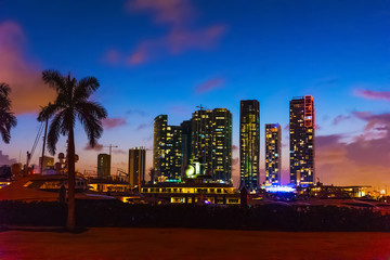 Fototapeta na wymiar Miami Beach skyscrapers on a colorful night