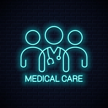 Doctor team neon icon. Medical care neon concept