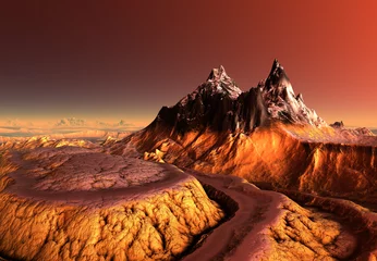 Foto op Canvas 3D-gerenderde fantasie berglandschap - 3D illustratie © diversepixel