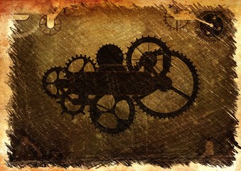 Steampunk vintage signboard with cogs, gears on canvas paper