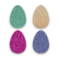 Set of color Easter eggs with green,violet,purple and beige background, wavy yellow line pattern, isolated 