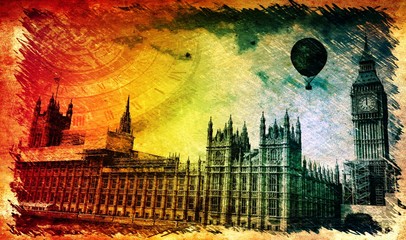 Steampunk vintage London background on grunge canvas paper