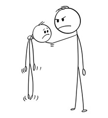 Cartoon stick figure drawing conceptual illustration of angry big and strong man holding smaller and weaker man in the air.