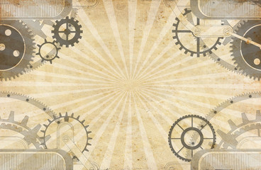 Fototapeta na wymiar Steampunk canvas paper airship background, travel clock retro vintage grunge old collage wallpaper