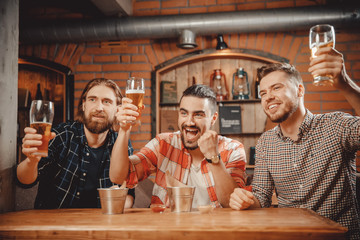 Fans happy with goal scored. Men drink beer in pub, where they show live broadcast of match