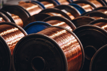 Production of copper wire, bronze cable in reels at factory