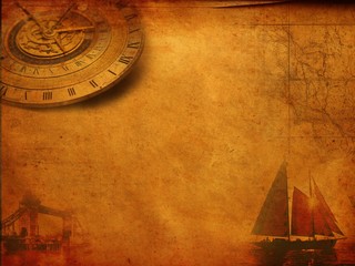 Steampunk compass paper sailboat ship, vintage canvas, old retro grunge background
