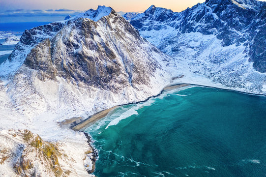 Kvalvika beach, picturesque view from above - the UNESCO world heritage spot on Moskenes island, Lofoten islands archipelago in Norway, Scandinavia, Europe. Atlantic ocean over polar circle.