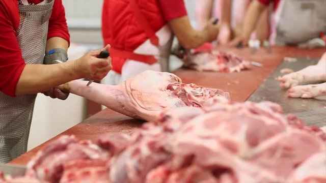 Butcher carving pork carcasses on cutting table. 