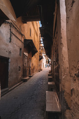One of the winding alleys of the ancient moroccan Medina in the northern city Fes.
