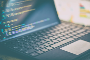Closeup coding on screen,  coding html and programming on screen laptop, web development, developer