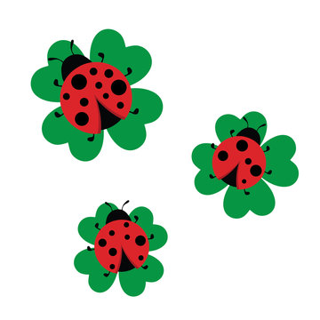 Bright ladybirds on four-leaf small clip art set, good luck wishes symbols, classic icon, logo design, bright sticker, scrapbooking element, image for kids, design on white background