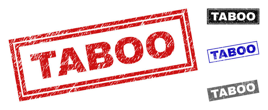 Grunge TABOO rectangle stamp seals isolated on a white background. Rectangular seals with distress texture in red, blue, black and gray colors.