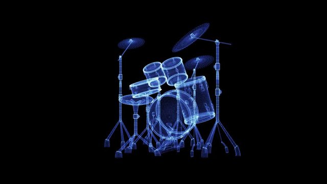 The hologram of a drum set. 3D animation of drum kit on a black background with a seamless loop