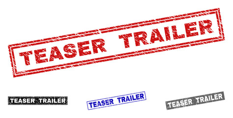 Grunge TEASER TRAILER rectangle stamp seals isolated on a white background. Rectangular seals with grunge texture in red, blue, black and grey colors.