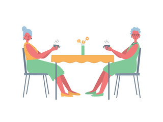 Old ladies are sitting at the table and drinking tea. Elderly women in the cafe. Vector flat illustration in yellow and green colors.