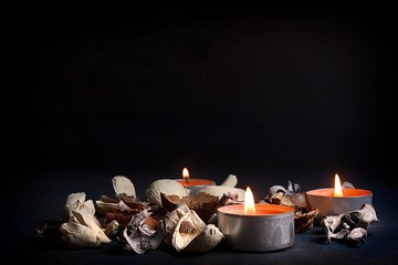VELAS ENCENDIDAS ACOMPAÑADAS DE FLORES SECAS SOBRE FONDO OSCURO