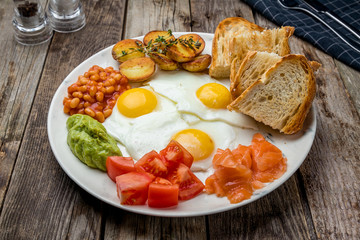English Breakfast with salmon on a plate