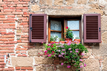 Fototapeta na wymiar Monticchiello, Italy town or village city in Tuscany and closeup of open window shutters and pink purple flower decorations on sunny summer day nobody architecture wall