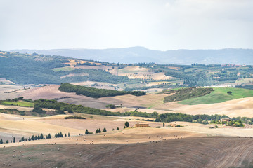 Countryside in Val D'Orcia Tuscany, Italy with bales rolling plowed brown hills and villas with farm landscape idyllic meadow fields high angle