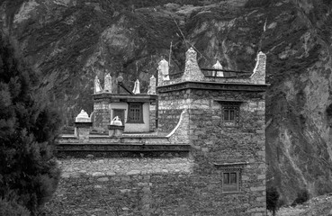 Danba County, Sichuan Province China. Zhonglu Township, Architectural Style of Jiuaju Ancient Tibetan Village. Traditional Tibetan buildings, Suopo towers, beautiful Chinese countryside. Wild West