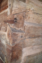 Oakhurst, CA., U.S.A. June 25, 2017. Restored Fresno Flats Historic Village and Park offers visitors a unique glimpse of California’s Sierra Nevada foothills pioneer 1870s dovetail hand-hewn log cabin