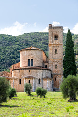 Fototapeta na wymiar Abbey of Sant Antimo former Benedictine monastery vertical view in comune of Montalcino, Tuscany in summer with olive trees mountain