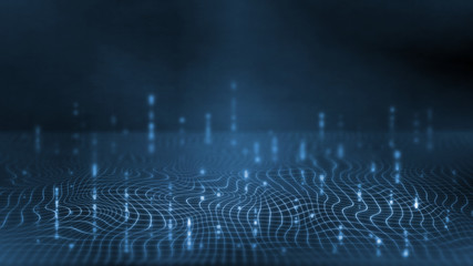 3D Rendering of Abstract curved bend lines wave selective focus background. For deep machine learning, crypto currency, hi tech product uses. Big data visualization. Copy space available