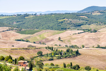 Val D'Orcia countryside aerial high angle view in Montepulciano, Tuscany, Italy with rolling plowed brown hills with farm landscape picturesque meadow fields