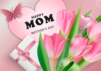 Happy Mother's day greeting card. Holiday background with realistic flowers tulips,  heart and gift box. Vector illustration.